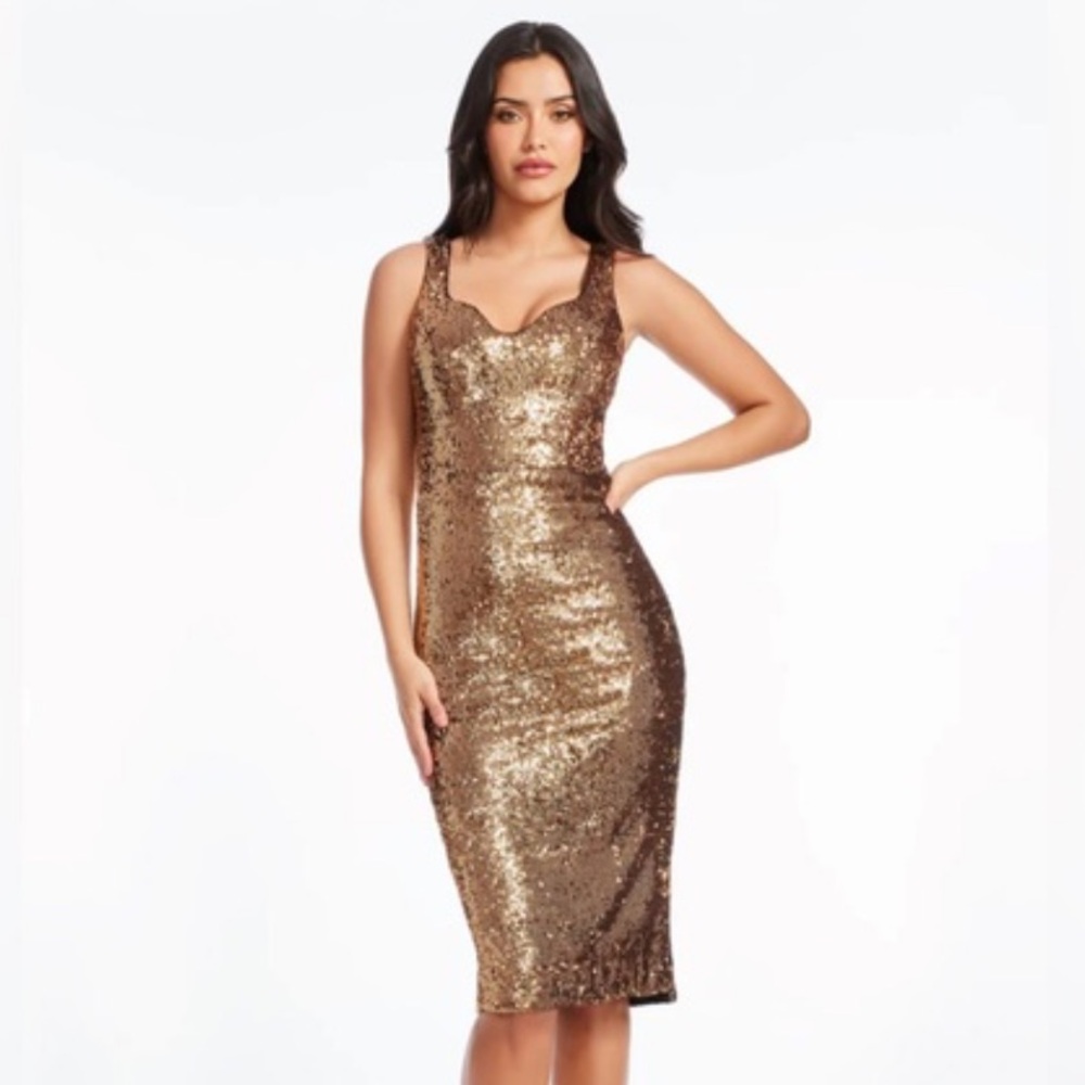NWT- Dress The Population Gold Sequin Midi Dress